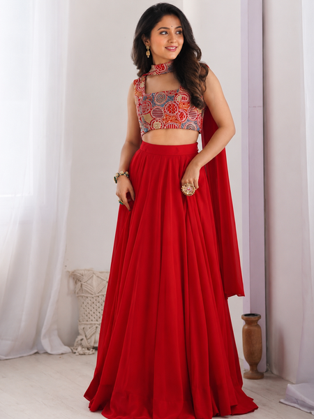 Red Women's Embellished Georgette Stitched Lehenga Choli with Dupatta