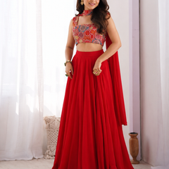 Yellow Women's Embellished Georgette Stitched Lehenga Choli with Dupatta