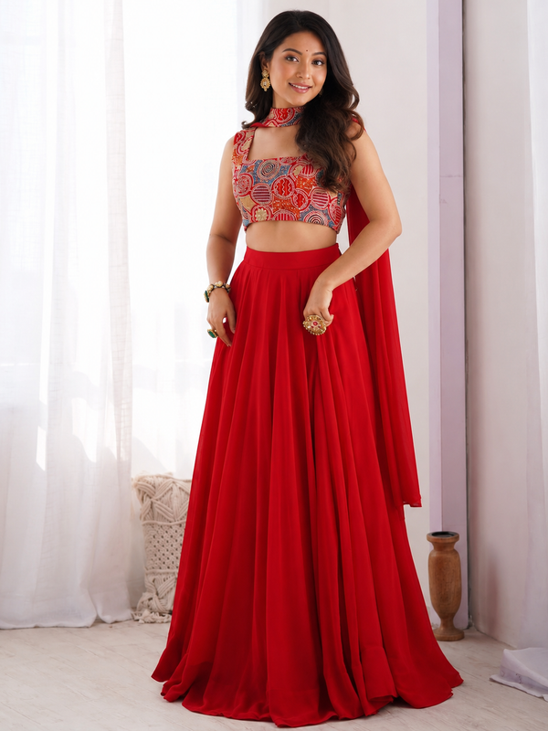 Yellow Women's Embellished Georgette Stitched Lehenga Choli with Dupatta