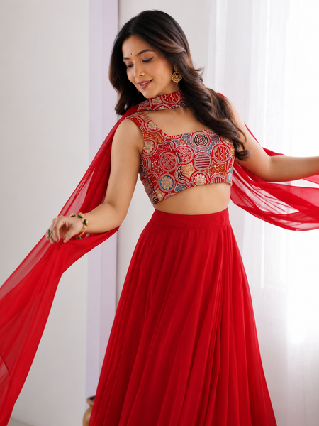 Red Women's Embellished Georgette Stitched Lehenga Choli with Dupatta