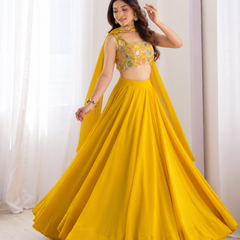 Yellow Women's Embellished Georgette Stitched Lehenga Choli with Dupatta