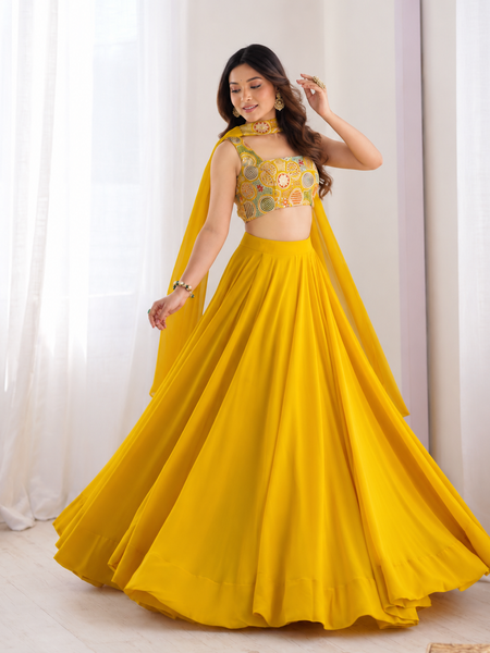 Yellow Women's Embellished Georgette Stitched Lehenga Choli with Dupatta