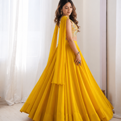 Yellow Women's Embellished Georgette Stitched Lehenga Choli with Dupatta