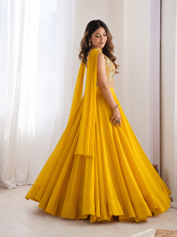 Yellow Women's Embellished Georgette Stitched Lehenga Choli with Dupatta