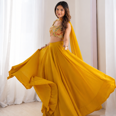 Yellow Women's Embellished Georgette Stitched Lehenga Choli with Dupatta
