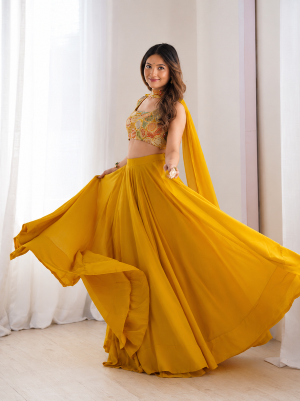 Yellow Women's Embellished Georgette Stitched Lehenga Choli with Dupatta