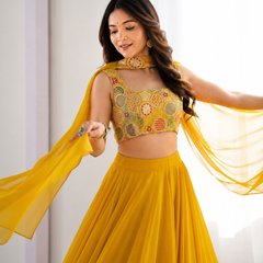 Yellow Women's Embellished Georgette Stitched Lehenga Choli with Dupatta