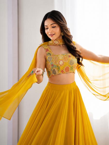 Yellow Women's Embellished Georgette Stitched Lehenga Choli with Dupatta