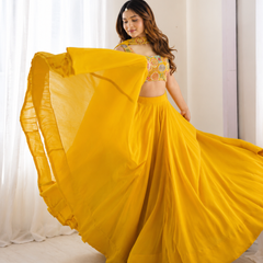 Yellow Women's Embellished Georgette Stitched Lehenga Choli with Dupatta