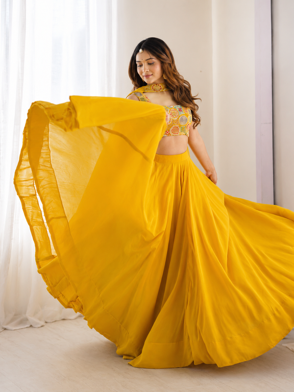 Yellow Women's Embellished Georgette Stitched Lehenga Choli with Dupatta