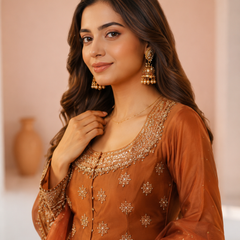 Stylish Embroidered Kurta Set with Dupatta (Orange)