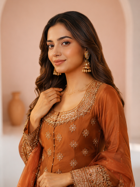 Stylish Embroidered Kurta Set with Dupatta (Orange)