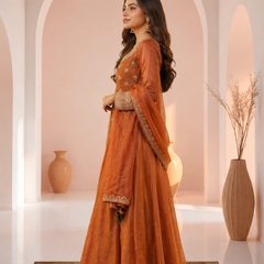 Stylish Embroidered Kurta Set with Dupatta (Orange)
