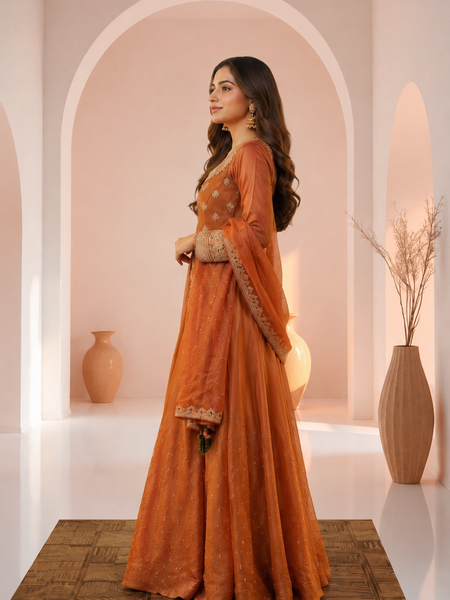 Stylish Embroidered Kurta Set with Dupatta (Orange)