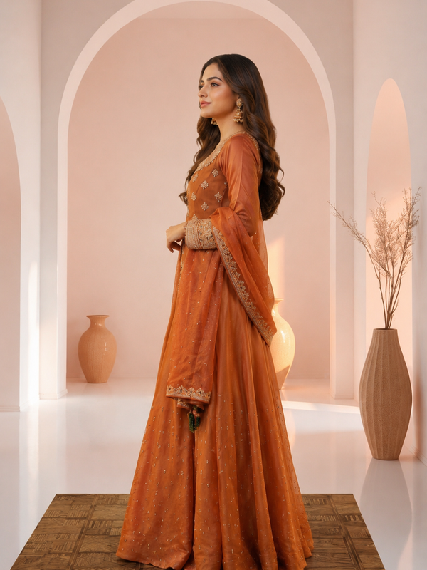 Stylish Embroidered Kurta Set with Dupatta (Orange)