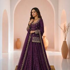 Stylish Embroidered Kurta Set with Dupatta (Wine)
