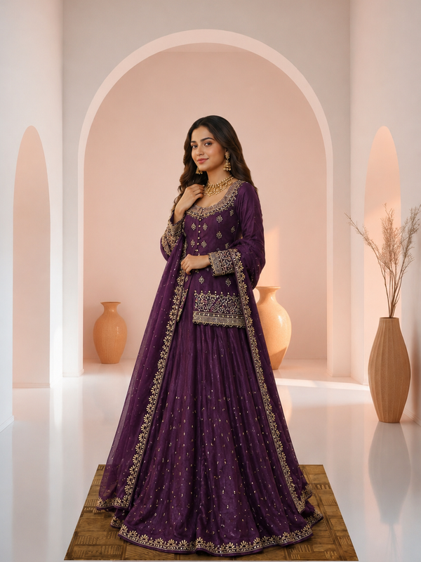 Stylish Embroidered Kurta Set with Dupatta (Wine)