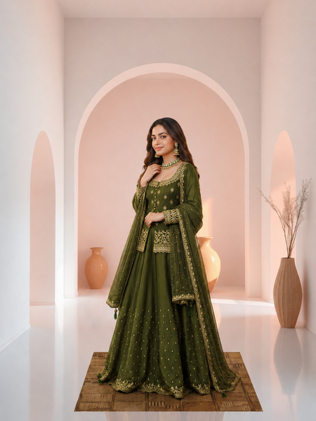 Stylish Embroidered Kurta Set with Dupatta (Green)
