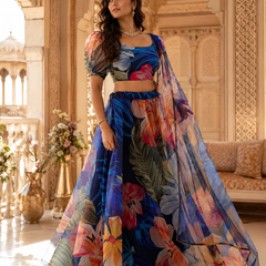 Embellished Semi Stitched Net Designer Lehenga (Dark Blue)