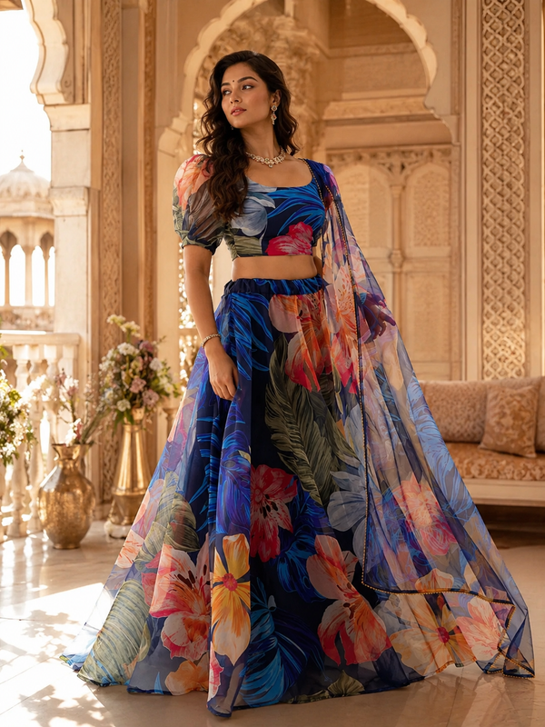 Embellished Semi Stitched Net Designer Lehenga (Dark Blue)