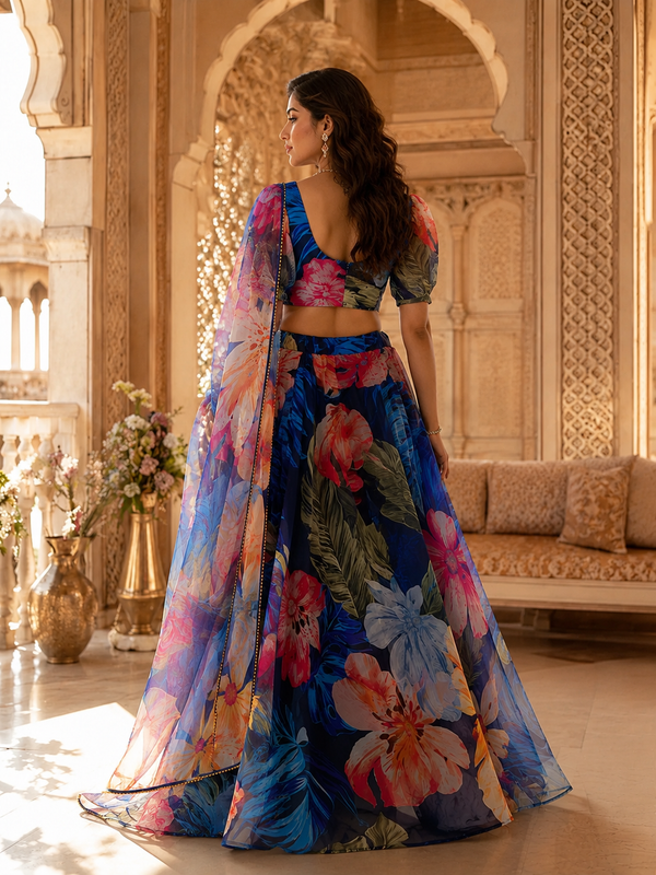 Embellished Semi Stitched Net Designer Lehenga (Dark Blue)