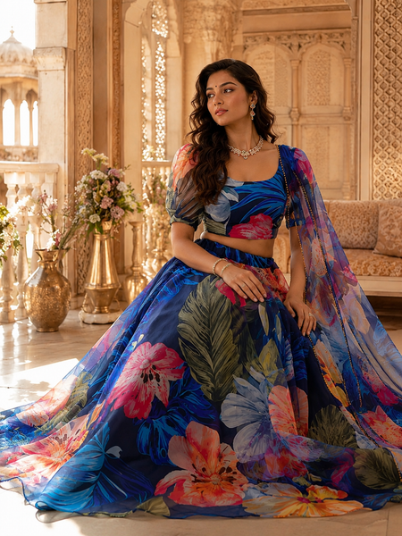 Embellished Semi Stitched Net Designer Lehenga (Dark Blue)