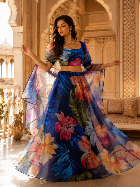 Embellished Semi Stitched Net Designer Lehenga (Dark Blue)