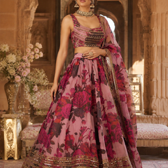 Embroidered Semi Stitched Silk Blend Lehenga (Rose Pink)