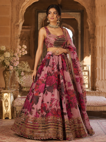 Embroidered Semi Stitched Silk Blend Lehenga (Rose Pink)