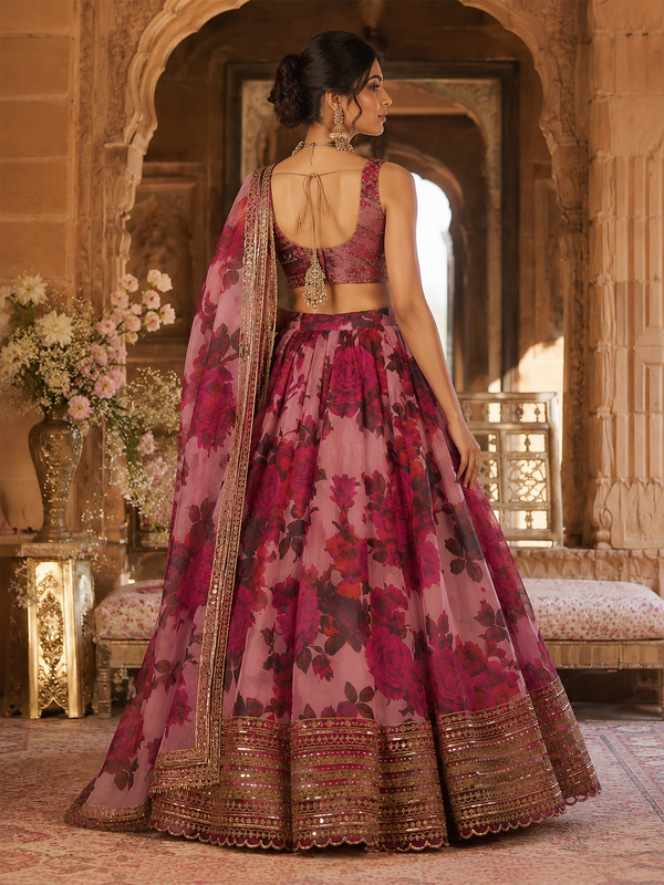 Embroidered Semi Stitched Silk Blend Lehenga (Rose Pink)