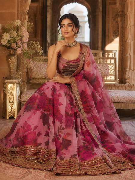Embroidered Semi Stitched Silk Blend Lehenga (Rose Pink)