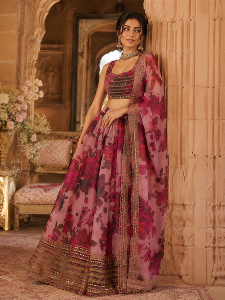 Embroidered Semi Stitched Silk Blend Lehenga (Rose Pink)