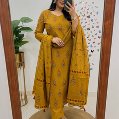 Yellow Printed Viscose Rayon Kurta Pant Dupatta Set for Women