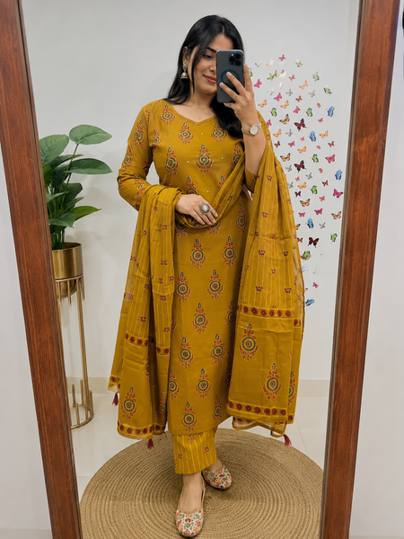 Yellow Printed Viscose Rayon Kurta Pant Dupatta Set for Women