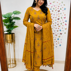 Yellow Printed Viscose Rayon Kurta Pant Dupatta Set for Women