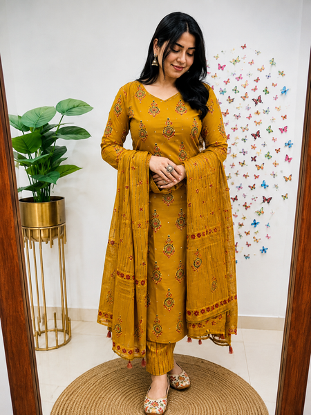 Yellow Printed Viscose Rayon Kurta Pant Dupatta Set for Women