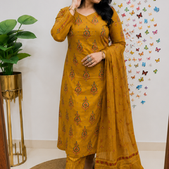 Yellow Printed Viscose Rayon Kurta Pant Dupatta Set for Women