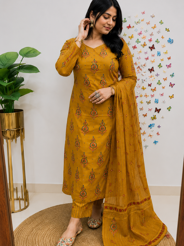 Yellow Printed Viscose Rayon Kurta Pant Dupatta Set for Women