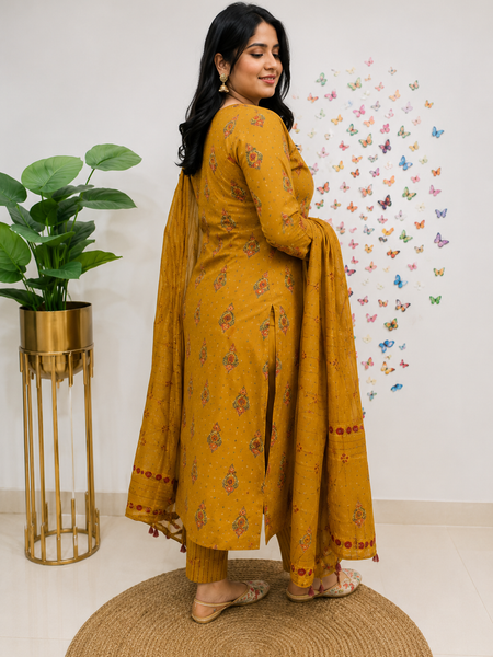 Yellow Printed Viscose Rayon Kurta Pant Dupatta Set for Women