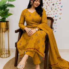 Yellow Printed Viscose Rayon Kurta Pant Dupatta Set for Women