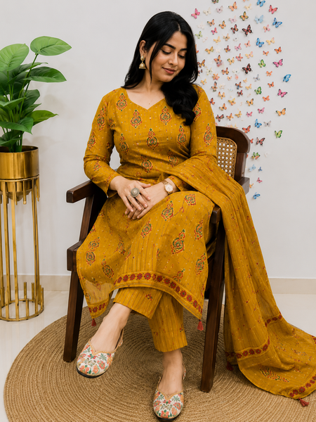 Yellow Printed Viscose Rayon Kurta Pant Dupatta Set for Women