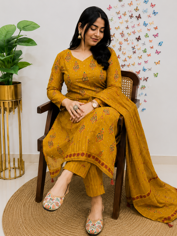 Yellow Printed Viscose Rayon Kurta Pant Dupatta Set for Women