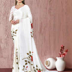 White Chinon Floral Foil Print Elegant Saree