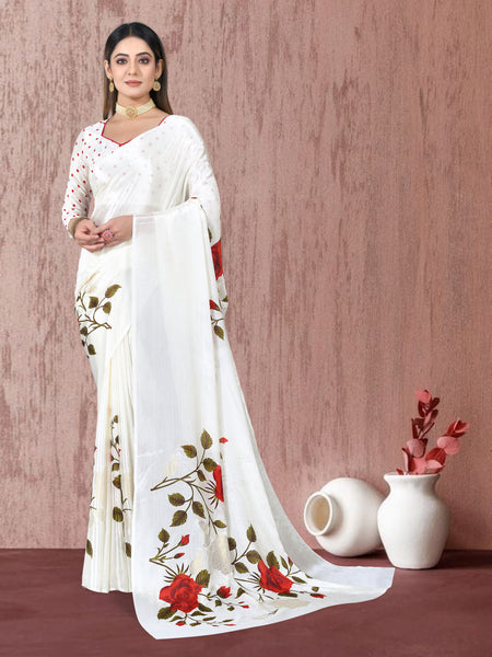 White Chinon Floral Foil Print Elegant Saree