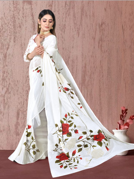 White Chinon Floral Foil Print Elegant Saree