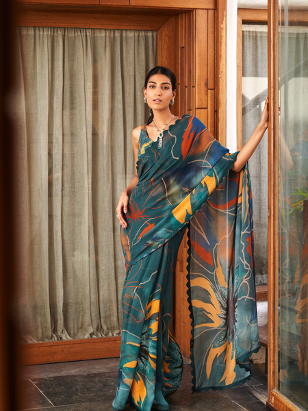 Multi Color Moss Fabric Abstract Printed Saree