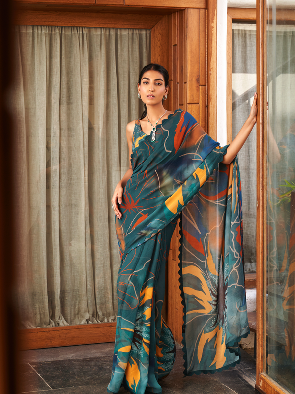 Multi Color Moss Fabric Abstract Printed Saree