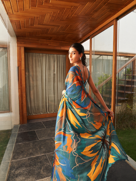 Multi Color Moss Fabric Abstract Printed Saree