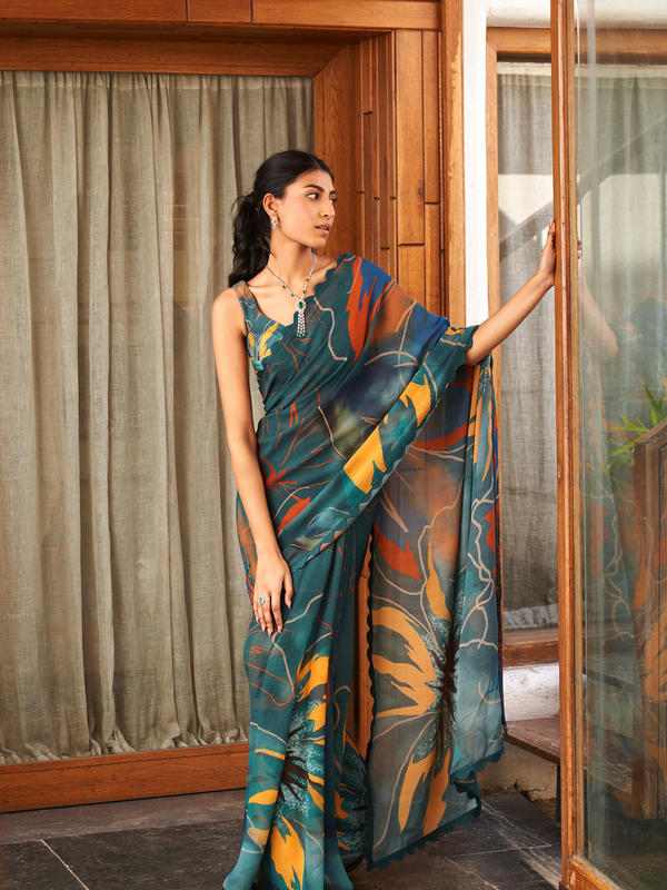 Multi Color Moss Fabric Abstract Printed Saree