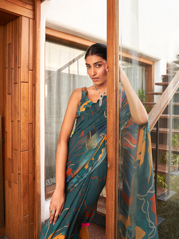 Multi Color Moss Fabric Abstract Printed Saree